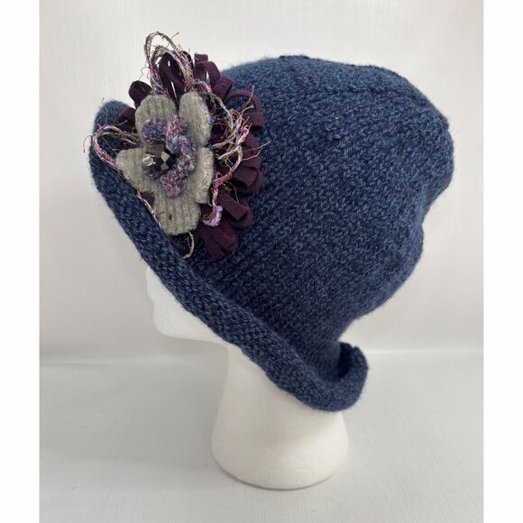 Denim Blue Knit Winter Cloche Hat Embellished Rolled Brim Boho Floral Handmade